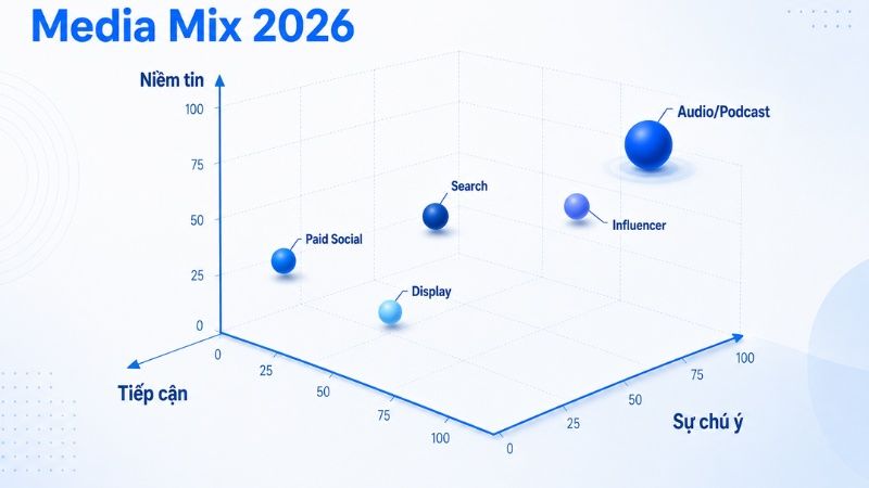 Sơ đồ vị trí của Podcast Advertising trong chiến lược media mix 2026