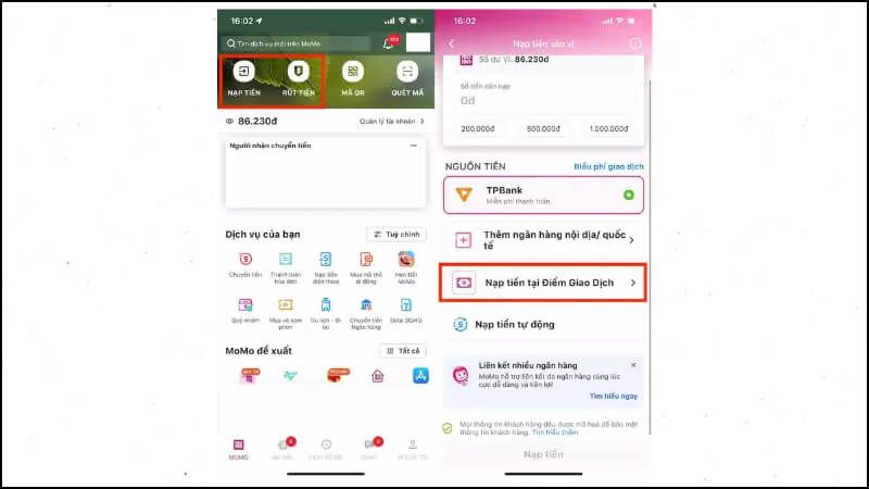Cách lnạp tiền hoặc rút tiền trên ví MoMo