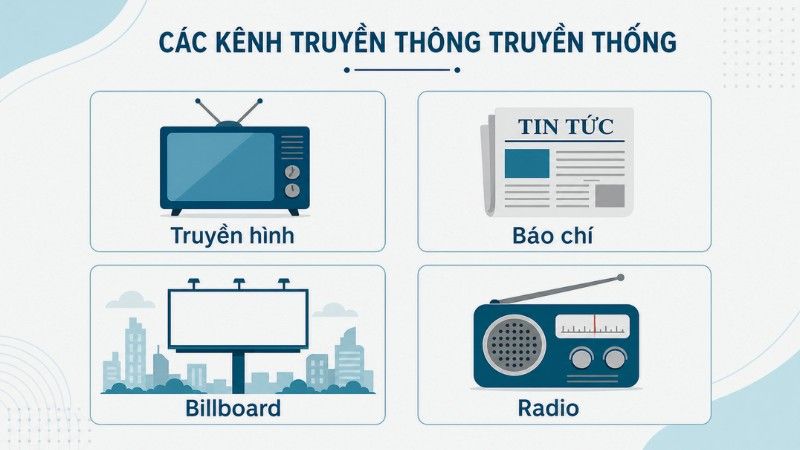 C&aacute;c k&ecirc;nh truyền th&ocirc;ng truyền thống như TVC, b&agrave;i PR, billboard, radio spot