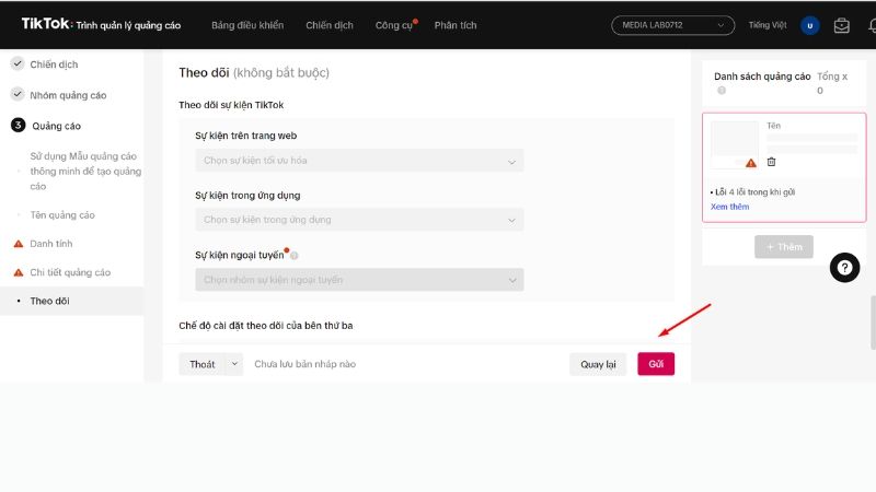 Chọn Gửi để TikTok duyệt quảng cáo của bạn