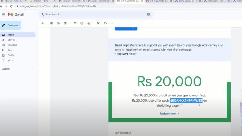 Copy mã khuyến mãi Google Ads trong hộp thư