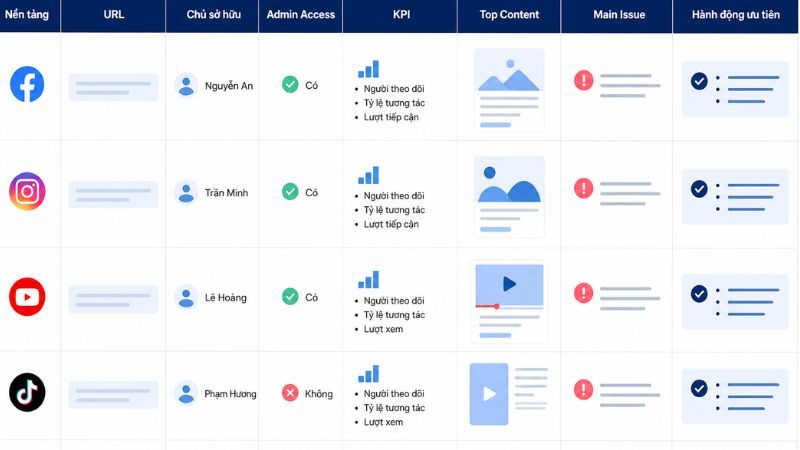 Mẫu spreadsheet social media audit cho doanh nghiep