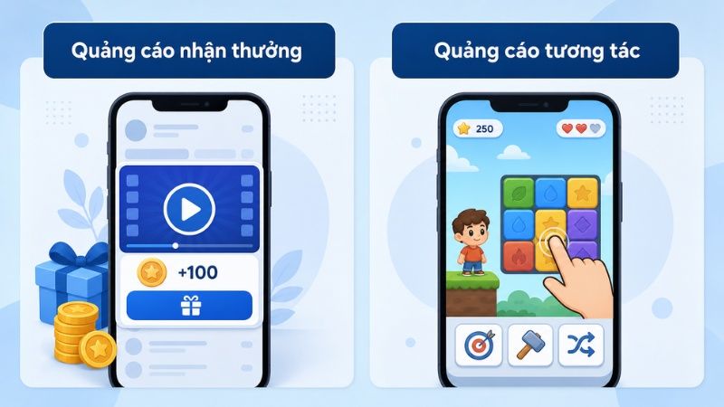 Ví dụ định dạng quảng cáo in-app rewarded ads và playable ads