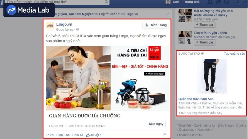 Quảng cáo Facebook Ads xuất hiện ở cột bên phải của bản tin