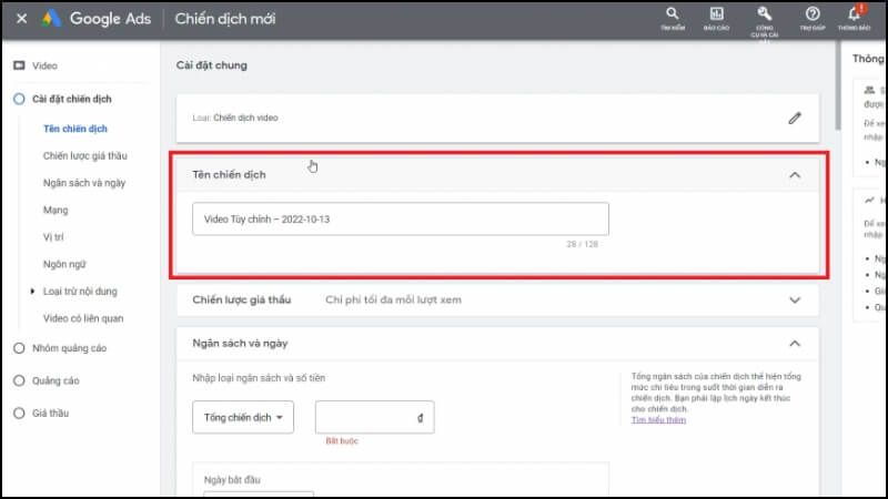 Thiết lập tên chiến dịch quảng cáo YouTube