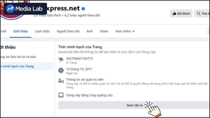 Chọn Tính minh bạch của trang để xem các thông báo đang chạy
